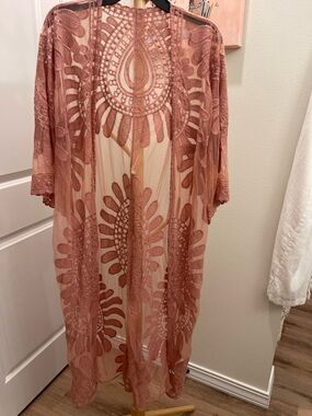 Sheer Embroidered Duster Kimono in Dusty Rose